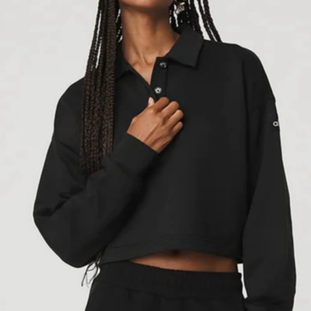 ALO Yoga Black Cropped Polo Henley Top Medium